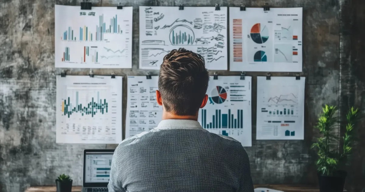 A businessman is carefully studying financial data and growth charts. He's planning how to improve his business, manage money wisely, and make smart investments.